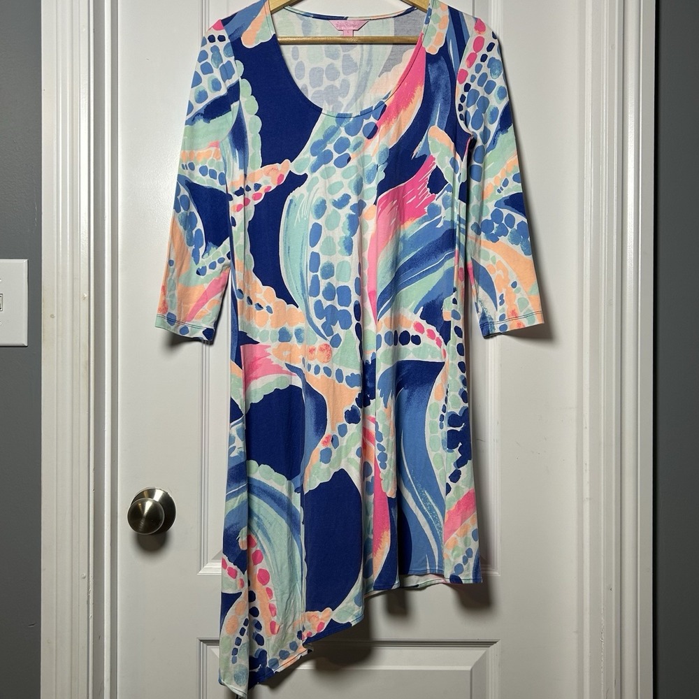 Lilly Pulitzer Rayon Blue Pink Ocean Jewel Ariana Asymmetric Jersey Swing Dress